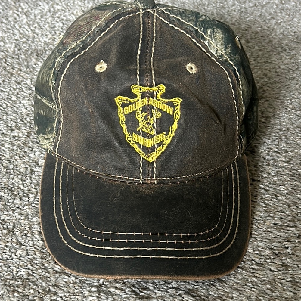 Golden Arrow Bowhunters, Brown Hat with Mossy Oak back and Velcro closure.